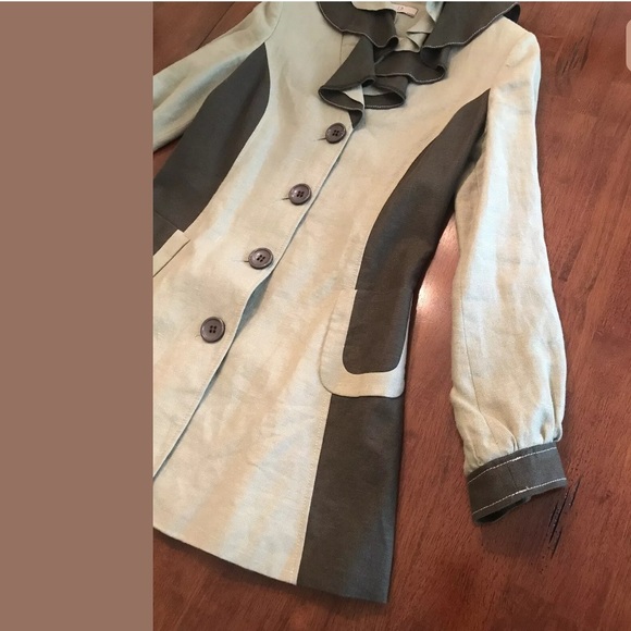 E.B. EVIE BELLE 100% Linen Green Jacket Ruffle Trench Flattering 2 Toned Duster - Picture 3 of 7